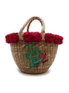 Serpui Parrot Embroidered Straw Basket Tote Handbag