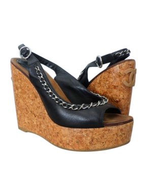 Chanel Chain Trim Leather Wedge Sandals