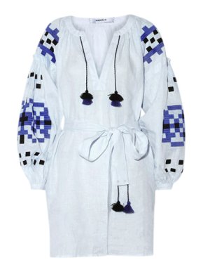March 11 Embroidered Linen Kaftan Mini Dress