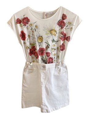 Dolce & Gabbana White Denim & Floral Cotton Dress