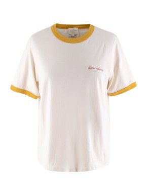 Sezane Beige Demain Embroidered Short Sleeve Cotton T-Shirt