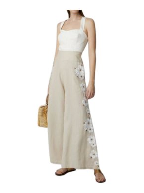 Mochi Beige Linen Wide Leg Embroidered Pants