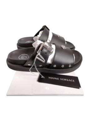 Young Versace Black Leather Logo Sandals