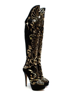 Charlotte Olympia Prosperity Black & Gold Knee High Boots