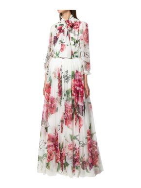 Dolce & Gabbana White Peony Print Chiffon Gown