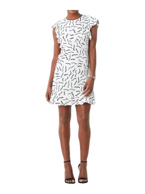 DVF White Abstract Print Krona Ruffled Crepe Dress