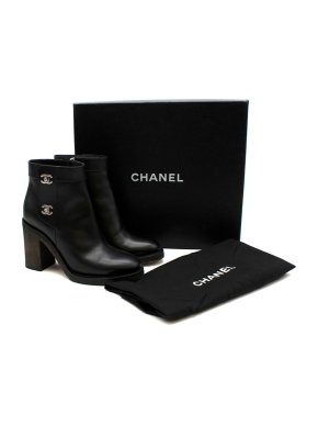 Chanel Black Calfskin CC Twist Lock Heeled Ankle Boots
