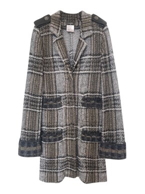 Chanel Metallic Tweed Leather Trim Knit Coat
