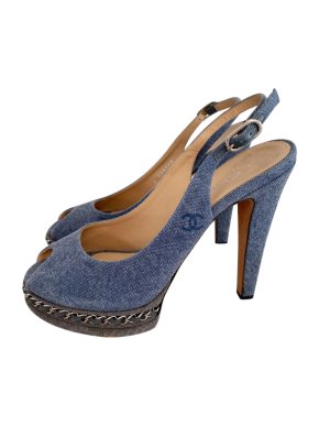 Chanel Chain Platform Denim Slingback Sandals