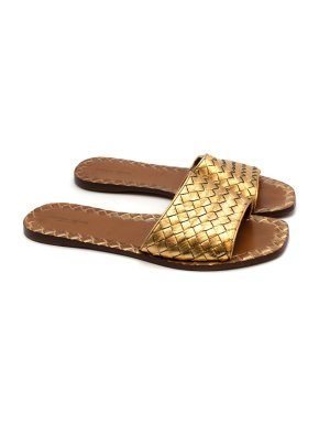 Bottega Veneta Gold Leather Intrecciato Flat Sandals
