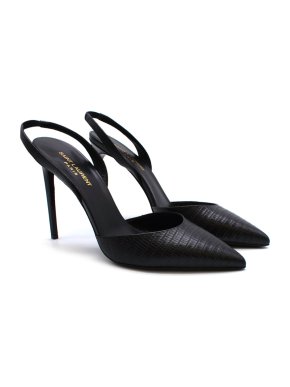 Saint Laurent Black Lizard Embossed Slingback Sandals