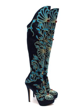 Charlotte Olympia Prosperity Blue & Gold Knee High Boots