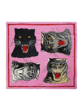 Gucci Pink Silk Tiger Heads 90cm Scarf