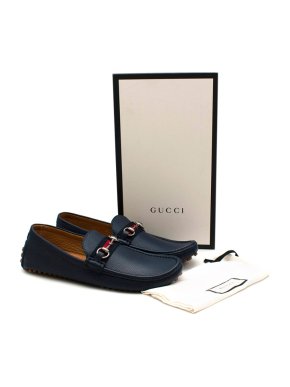 Gucci Navy Damo Horsebit Leather Driving Shoes- Size 46.5