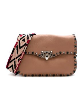 Valentino Beige Rolling Rockstud Bag With Embroidered Guitar Strap