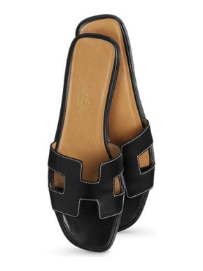 Hermes Box Leather Black Oran Sandals slides shoes sz37