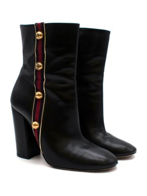 Gucci Black Leather Web Stripe Studded Ankle Boots