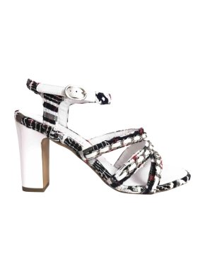 Chanel Black & White Tweed Chain Detail Strappy Sandals