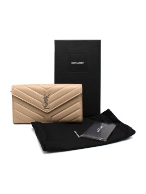 Saint Laurent Dark Beige Chevron Quilted Leather Long Wallet