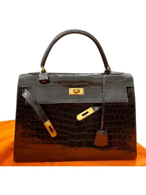 Hermes Vintage Black Lisse Crocodile Kelly Sellier 32 GHW