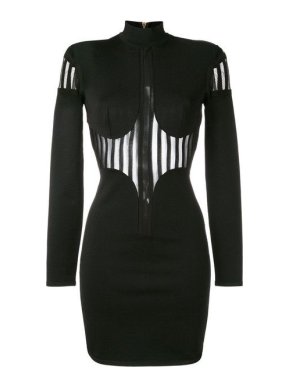 Balmain Black Sheer Striped High Neck Mini Dress