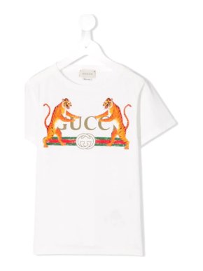 Gucci Kids White Cotton Tiger Logo Print Short Sleeve T-Shirt