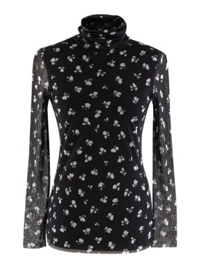 Ganni Black Floral Mesh Turtleneck Top