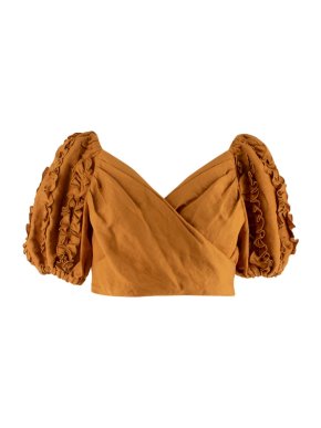 C/MEO Collective Ochre Linen Blend Wrap Puff Sleeves Crop Top