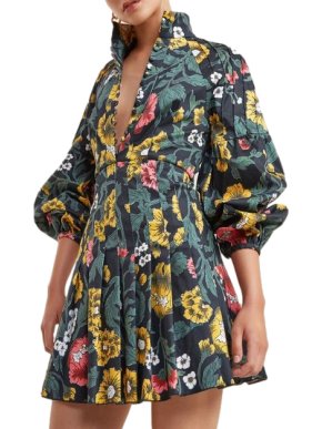 C/MEO Collective Black Floral Cotton Long Sleeve Pleated Dress