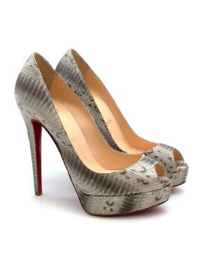 Christian Louboutin Grey/Beige Python Peep-Toe Platform Pumps