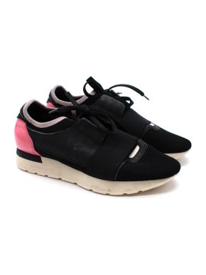 Balenciaga Black & Pink Race Runners Leather & Mesh Trainers