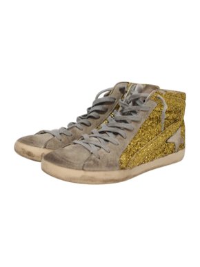 Golden Goose Gold Glitter Distressed High Top Sneakers
