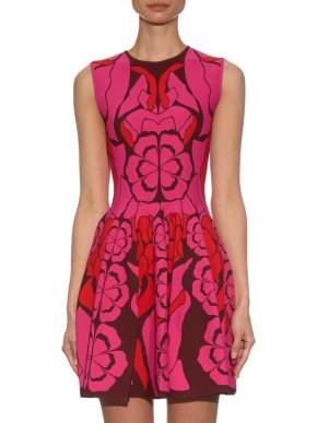 Alexander McQueen Red & Pink Floral Knit Flared Dress