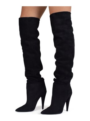 Saint Laurent Black Suede Ruched Knee Boots