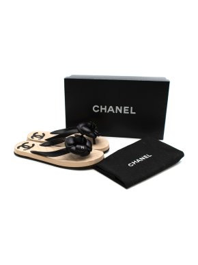 Chanel Beige & Black Camellia CC Pool Slides