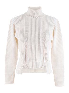 Miu Miu Ivory Wool Blend Ribbed High Neck Knit Sweater