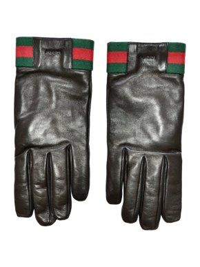 Gucci black leather web striped gloves