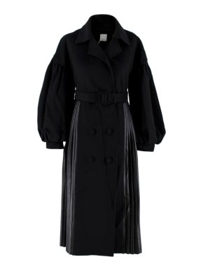 Huishan Zhang Black Pleated Faux Leather Puff Sleeve Coat
