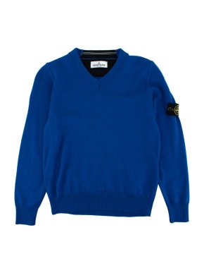 Stone Island Junior Blue Wool V-Neck Logo-Patch Knit Sweater