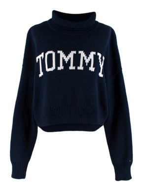 Tommy Jeans Navy Cotton Blend Knit Turtleneck Cropped Sweater