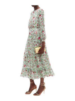 Saloni White & Green Floral Print Isabel Midi Dress
