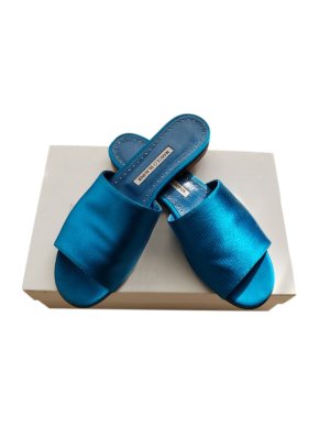 Manolo Blahnik Turquoise Satin Rapalla Slides