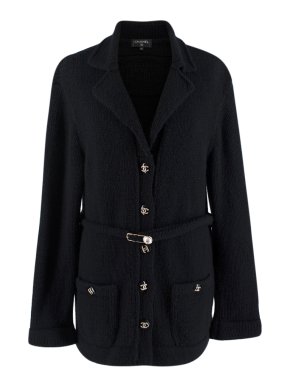 Chanel Black Cashmere Silk Knit Belted CC Embellished Cardigan