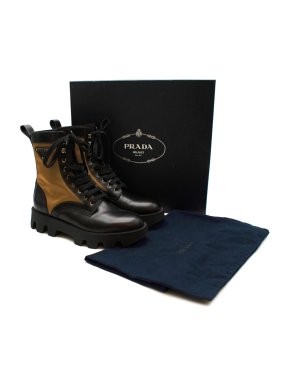 Prada Black & Beige Leather & Nylon Logo Combat Boots