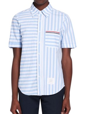 Thom Browne Blue Striped Textured Cotton Short Sleeve Shirt