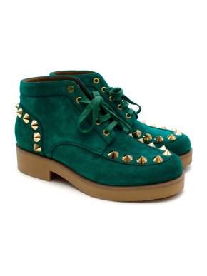 Christian Louboutin Aquamarine Suede Studded Lace Up Boots