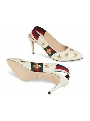 Gucci White Leather Sylvie Bees And Star Slingback Pumps