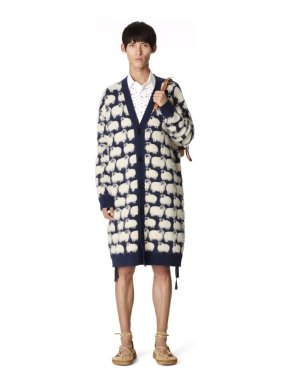 Lanvin Men's Blue Sheep Pattern Cashmere Blend Cardigan