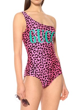 Gucci Pink Leopard Print One Shoulder Swimsuit