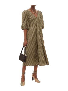 Ganni Green Gingham Cotton-blend Seersucker Dress